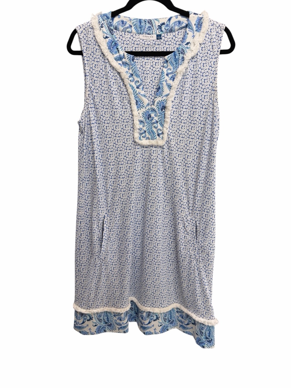 Cabana Life Aruba Blues Sleeveless Fringe Tunic Dress Pockets Large - Picture 2 of 8